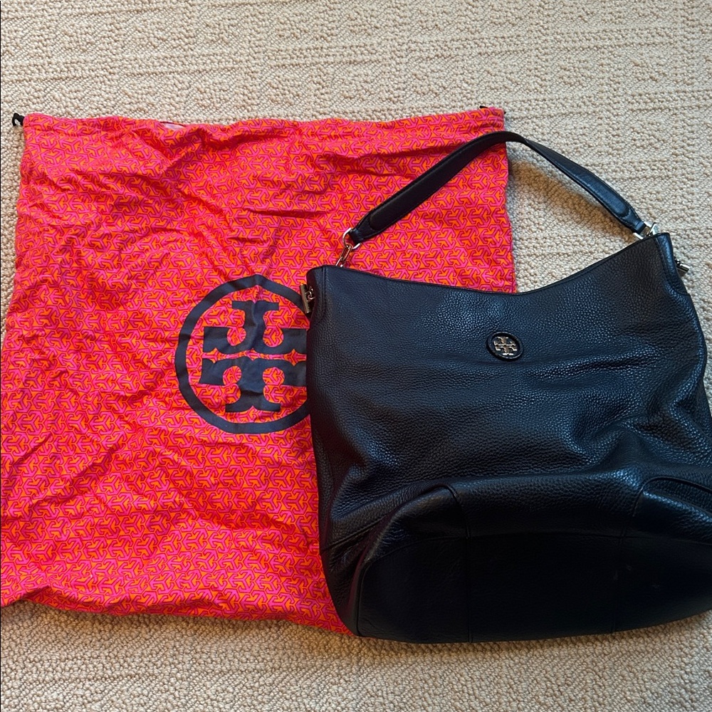 Tory Burch Black Pebbled Leather Shoulder Bag 14” h x 13” w